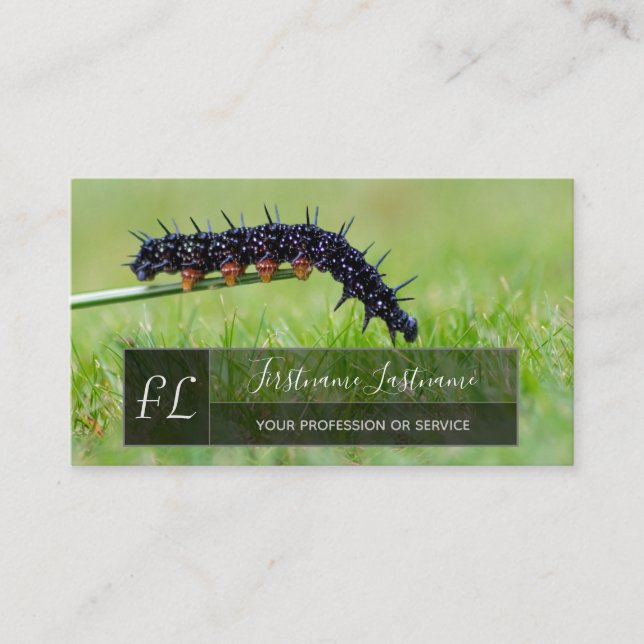Caterpillar nature lover gray rectangle monogram business card (Front)