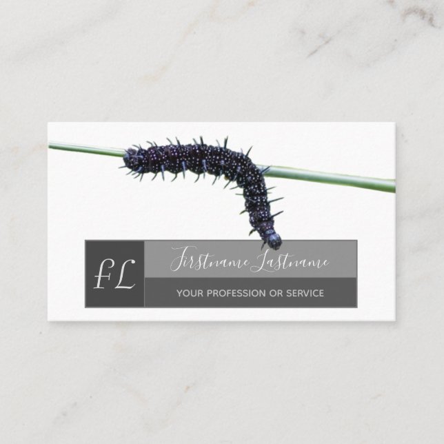 Caterpillar nature lover gray rectangle monogram business card (Front)