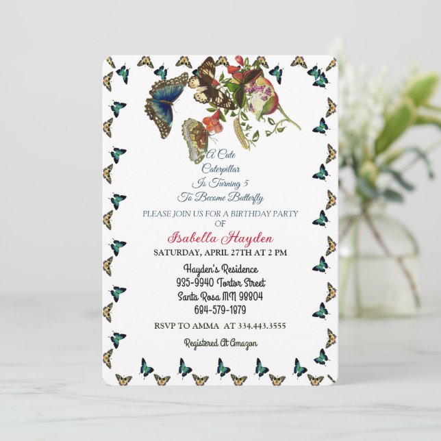 Caterpillar Turning Butterfly Birthday Colorful  Invitation (Standing Front)