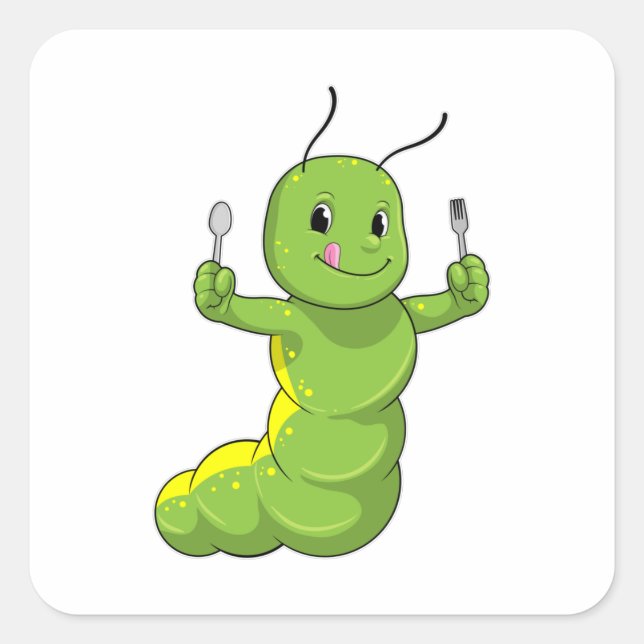 Caterpillar with Spoon & Fork Square Sticker (Front)