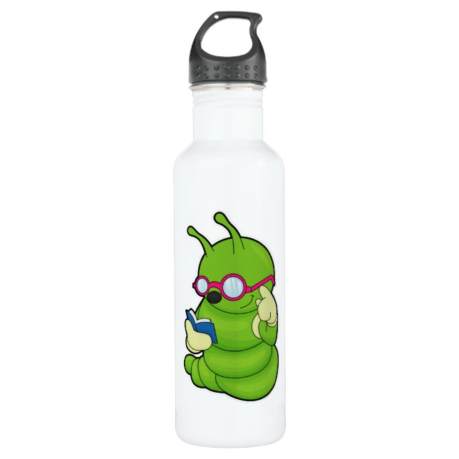 Caterpillar with Sunglasses & Book Stainless Steel Water Bottle (Front)