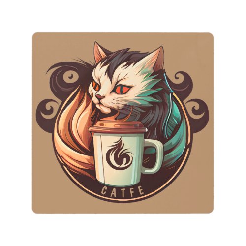 Catfe _ A Cat With Coffee Metal Wall Art