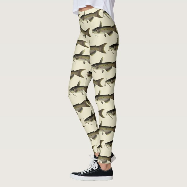 Catfish Fishing, Vintage Marine Life River Fish Leggings (Left)