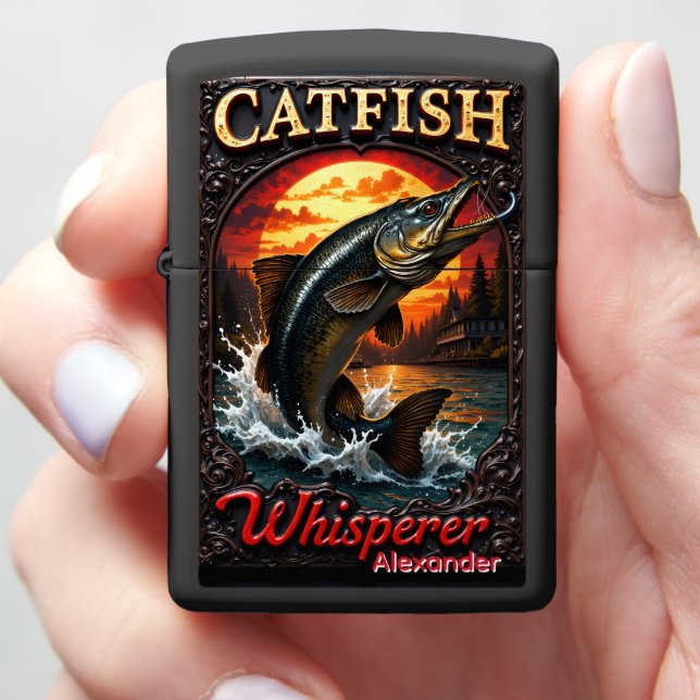 Catfish Personalized Cabin Sunset Leaping Zippo Lighter (In Hand)