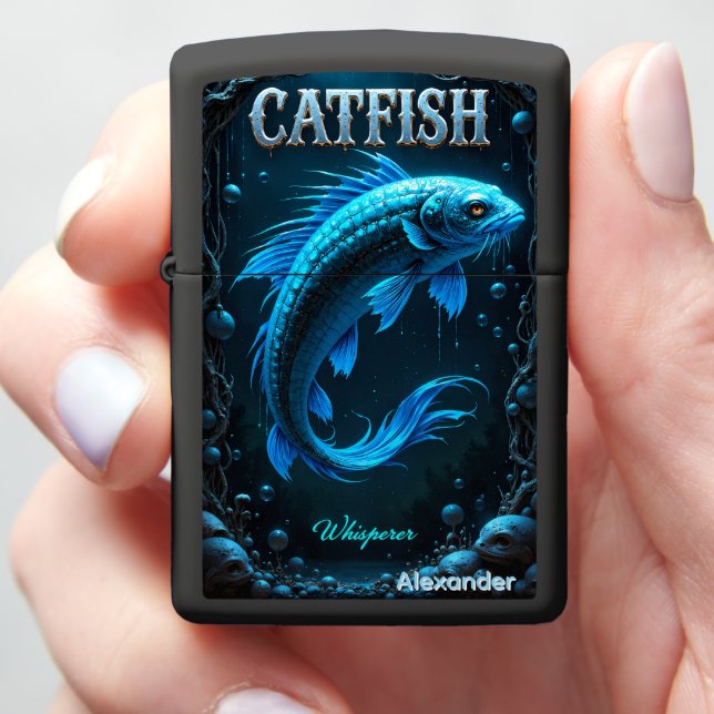 Catfish Personalized Deep Cave Blue Glow Zippo Lighter (In Hand)