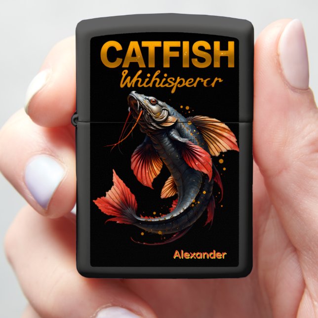 Catfish Whisperer Personalized Black Case Present Zippo Lighter (In Hand)