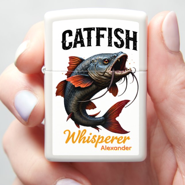 Catfish Whisperer White Case Angler Present Zippo Lighter (In Hand)
