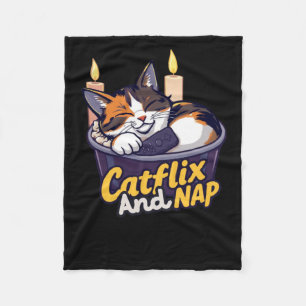 Catflix And Nap - Cozy Cat Relaxation Illustration Fleece Blanket