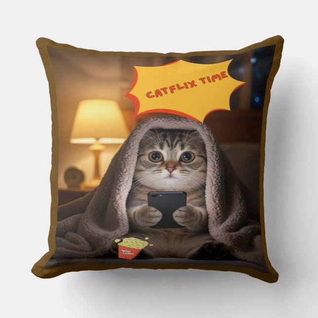Catflix Time Cute Cat Throw Pillow for Kids | Fun  (Front)