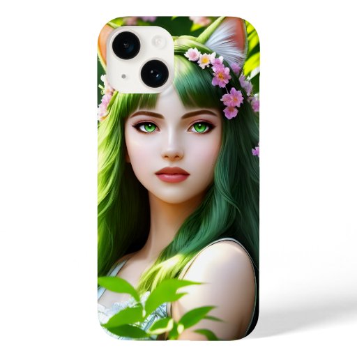 Catgirl with green hair in flowers Case-Mate iPhone 14 case