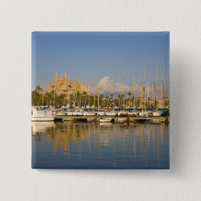 Cathedral and marina, Palma, Mallorca, Spain Button (Front)