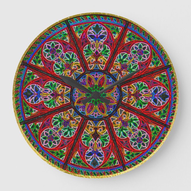 Cathedral Church Stained Glass Colorful Rosette Large Clock (Front)