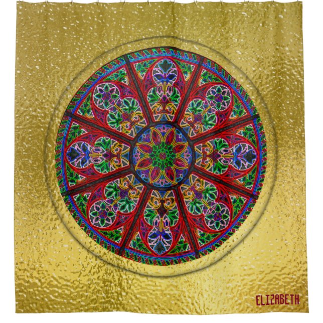 Cathedral Church Stained Glass Colorful Rosette Shower Curtain (Front)