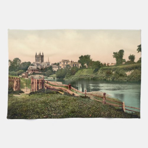 Cathedral from Wye Meadows Hereford England Kitchen Towel