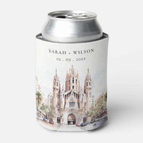 Cathedral of Barcelona Spain Watercolor Wedding Can Cooler