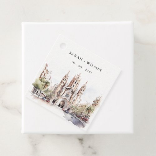 Cathedral of Barcelona Spain Watercolor Wedding Favor Tags