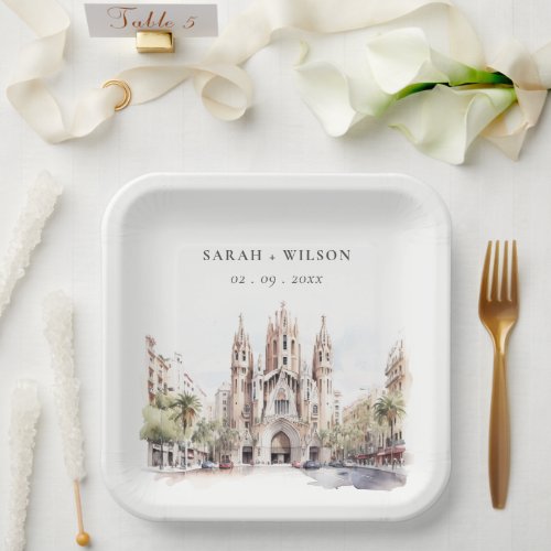 Cathedral of Barcelona Spain Watercolor Wedding Paper Plates