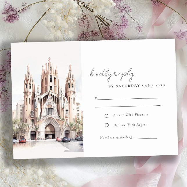 Cathedral of Barcelona Spain Watercolor Wedding RSVP Card (Creator Uploaded)