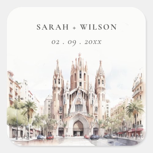 Cathedral of Barcelona Spain Watercolor Wedding Square Sticker