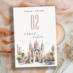 Cathedral of Barcelona Spain Watercolor Wedding Table Number