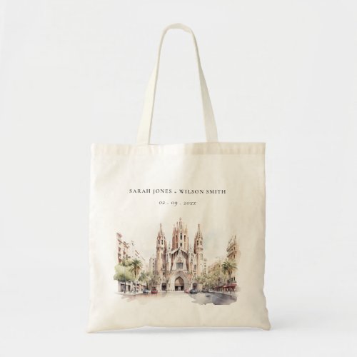 Cathedral of Barcelona Spain Watercolor Wedding Tote Bag