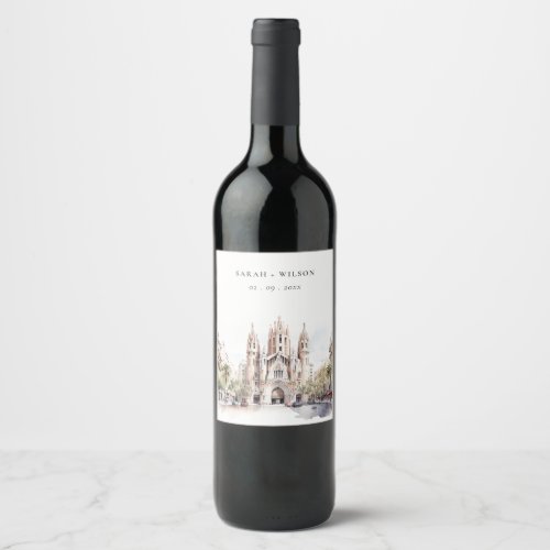 Cathedral of Barcelona Spain Watercolor Wedding Wine Label