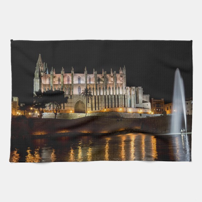 Cathedral of Palma de Mallorca at night - Spain Kitchen Towel (Horizontal)