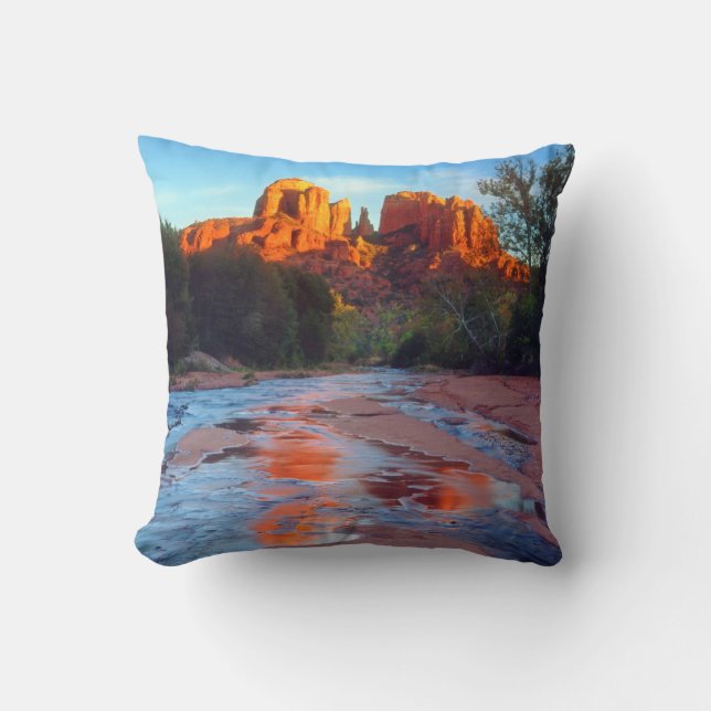 Cathedral Rock reflecting in Oak Creek at Sunset Throw Pillow (Front)