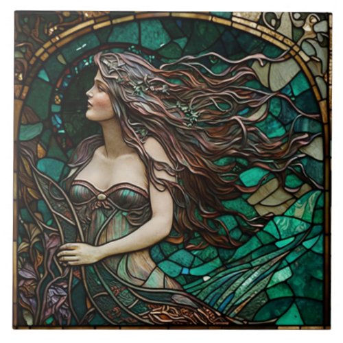 Cathedral Stained Glass Ceramic Tile with Mermaid 