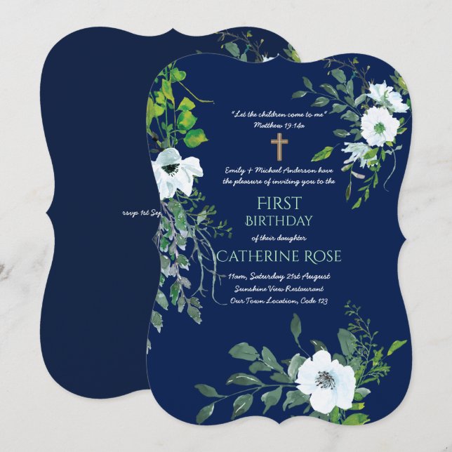 Catholic 1st Birthday Invitation Watercolor Floral (Front/Back)