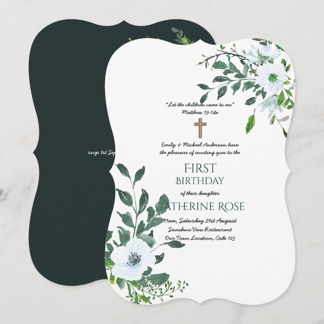 Catholic 1st Birthday Invitation Watercolor Floral (Front/Back)