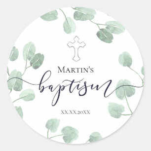 catholic baby baptism botanical decor classic round sticker