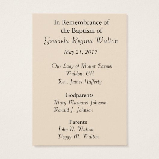 Catholic Baby Baptismal Remembrance Holy Card (Back)