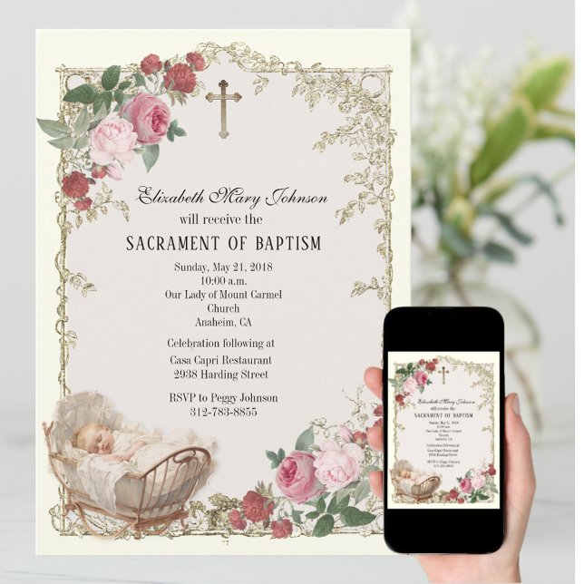 Catholic Baby Girl Baptism Vintage Roses Cross  Invitation (Creator Uploaded)