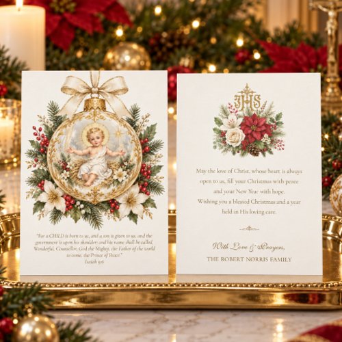 Catholic Baby Jesus Ornament Nativity Florals Holiday Card