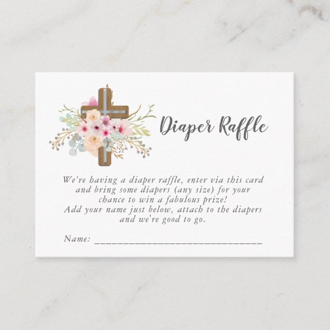 Catholic Baby Shower Diaper Raffle - Floral Cross Enclosure Card (Front)
