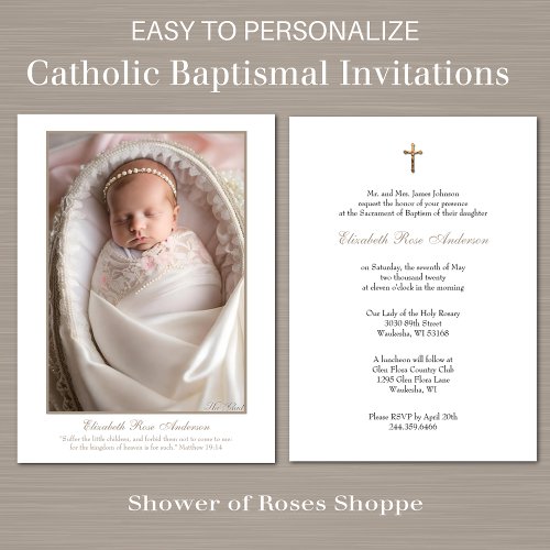 Catholic Baptism Baby Photo Scripture Cross Invitation