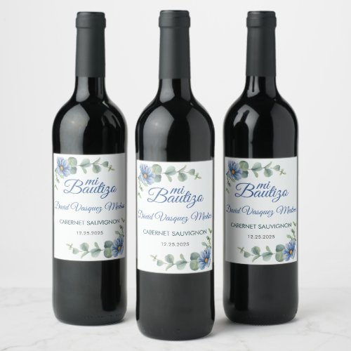 Catholic Baptism Bautizo Green Leaves Blue Flowers Wine Label