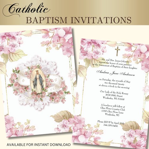 Catholic Baptism Christening Blessed Mary Floral Invitation