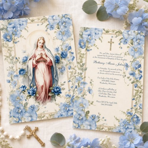 Catholic Baptism Christening Blessed Mother Floral Invitation