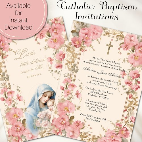 Catholic Baptism Christening Floral Blessed Mother Invitation