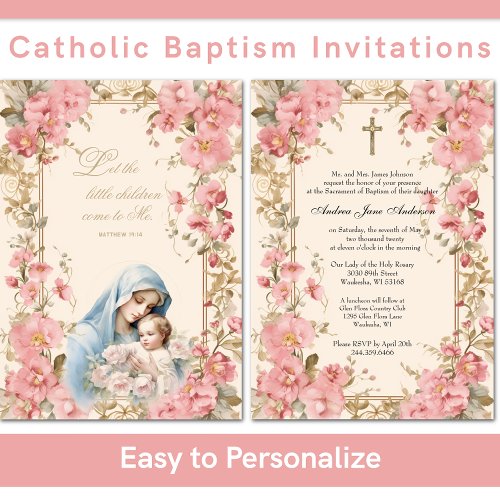 Catholic Baptism Christening Floral Blessed Mother Invitation