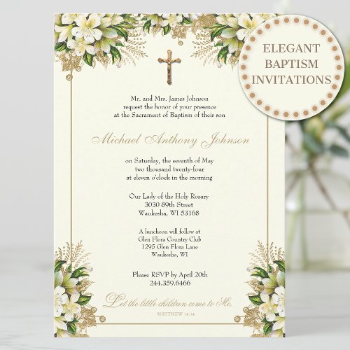 Catholic Baptism Christening Gold Floral Invitation