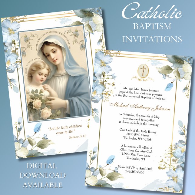 Catholic Baptism Christening Mary Jesus Blue  Invitation (Creator Uploaded)