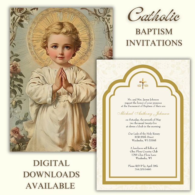 Catholic Baptism Floral Jesus Praying Invitation (Creator Uploaded)