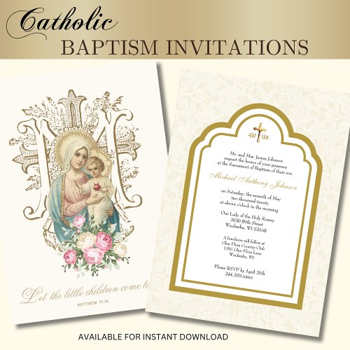 Catholic Baptism Floral Mary and Jesus Invitation