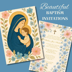 Catholic Baptism Floral Mary & Baby Jesus  Invitation
