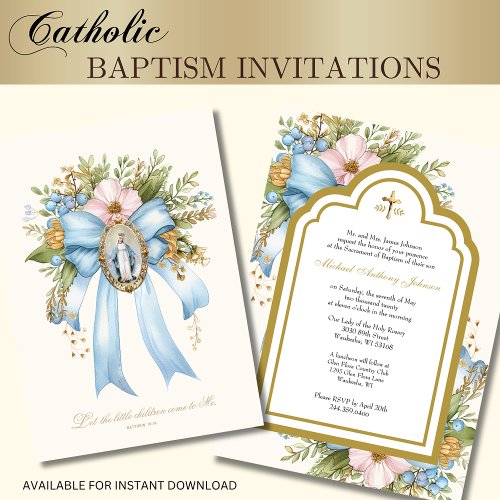 Catholic Baptism Floral Mother Mary Christening Invitation