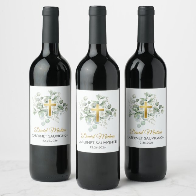 Catholic Baptism Watercolor Green Leaves Religious Wine Label (Bottles)
