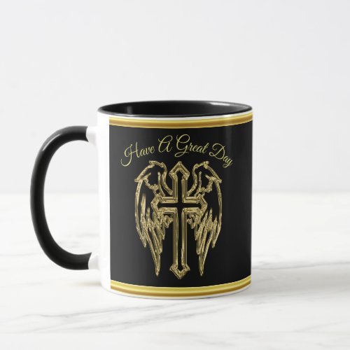 catholic black and gold foil cross with wings mug